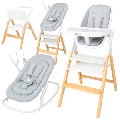 Twinly - Seggiolone Pappa Evolutivo 5 in 1 Multifunzione Funzione Dondolo, Torre di Apprendimento, Sedia - dalla Nascita 0m+ - Pieghevole e Ergonomica in Legno di Faggio- Alaia