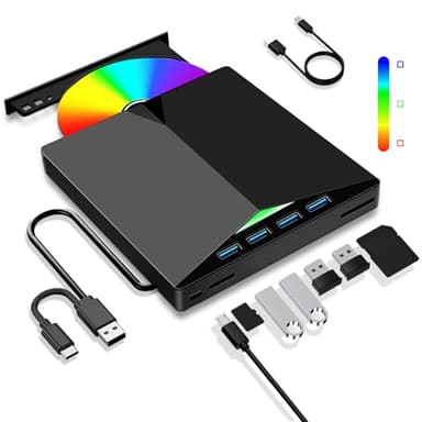 Dictien Lettore CD/DVD Esterno per PC, Masterizzatore Portatile Unità Esterna USB 3.0 CD/DVD -/+RW Drive con 4 Porte USB e 2 Lettore di Schede TF/SD per Laptop/Desktop/Windows 11/10/8/7/XP/Vista/Linux