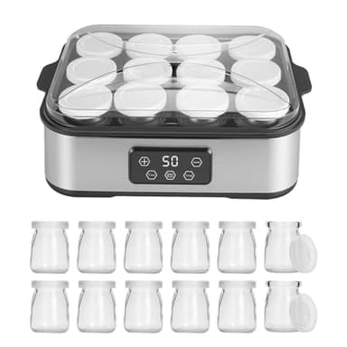 TECKZOON Yogurtiera Elettrica 2200 ml, con 12 × 180 ml Vasetti in Vetro, Macchina Digitale in Acciaio Inox, Yogurt Maker Automatico per Yogurt Fatti in Casa, Formaggio o Natto