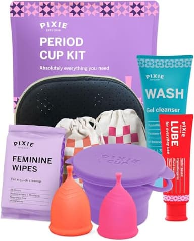 Pixie Cup Kit mestruale – Miglior kit di base per coppette mestruali – 2 tazze, lavaggio, 20 salviette, lubrificante, tazza per il trasporto del bagno pubblico e custodia – dimostrato di essere ciò di