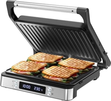 Olvy Grill digitale a contatto con piastre antiaderenti, macchina per panini 3 in 1, griglia aperta a 180°, temperatura regolabile, timer, ampia area di cottura, manico Cool-Touch, rivestimento senza