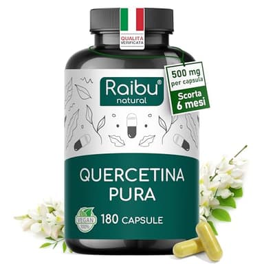 Quercetina 500 mg Pura – 180 Capsule (6 MESI di Fornitura) I 95% di Contenuto di Quercetina I Estratto di Sophora Japonica I Integratore di Flavonoidi I Testato in Laboratorio e Vegano, Raibu