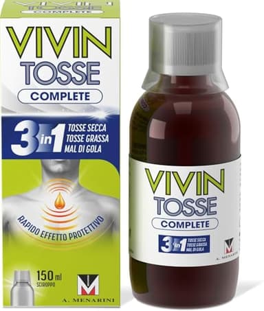 Vivin Tosse Complete - 150 ml. Sciroppo per mal di gola, tosse secca e tosse grassa a base di estratti vegetali. Protegge e promuove l'idratazione della mucosa faringea. Senza Glutine.