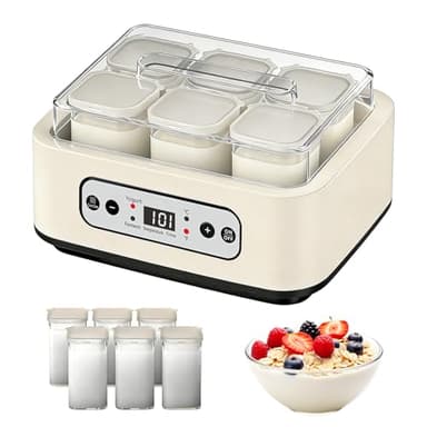 Yogurtiera, Macchina per Yogurt da 1,6L con 6 Vasetti da 250 ml Yogurtiera con Impostazione del Timer da 1 a 99 ore Controllo Della Temperatura da 21 a 48°C e LCD Display per Yogurt Natto Vino di Riso