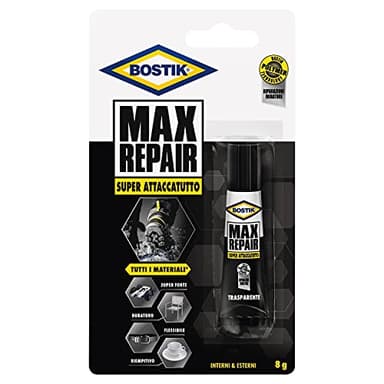 Bostik Max Repair Adesivo di Riparazione Super Forte, Flessibile, per Incollaggi Estremi, Resistente all'Acqua, Trasparente, Senza Solventi, Blister 8 gr