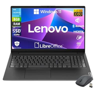 Lenovo, Notebook Pc Portatile, Display 15,6" Full HD, Intel N4500 2 Core Fino a 2.8 Ghz, Ram 8 GB DDR4, 256 GB SSD NVMe, Win 11 Pro, Pronto all'uso con Libre Office + Mouse