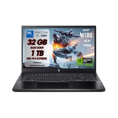 Acer Nitro V15 Pc Gaming, Notebook Gaming Cpu Intel Core 7 240H, 32GB RAM DDR5, SSD 1TB, Display 15,6" FHD IPS 165 Hz, NVIDIA GeForce RTX 3050 (6 GB GDDR6), Tastiera Retroilluminata, Pc Portatile