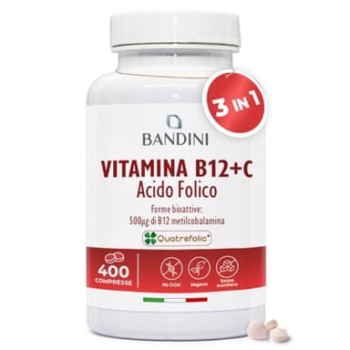 Bandini® Vitamina B12 e Acido Folico 400 Compresse Vegane (+1 Anno), 3 in 1 con Vitamina C, Forme Bioattive Metilcobalamina e Quatrefolic®, B 12 + B9 + Vit C, Energia e Vitalità, Vitamine 100% Vegan