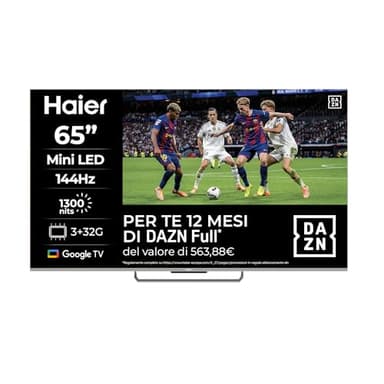 Haier Smart TV 65" Mini LED 4K Ultra HD, Google TV, Dolby Audio, Gaming 144Hz, HDMI 2.1, Chromecast Integrato, Bluetooth 5.1, Design Senza Bordi, Telecomando Vocale, 12 Mesi Abbonamento DAZN inclusi