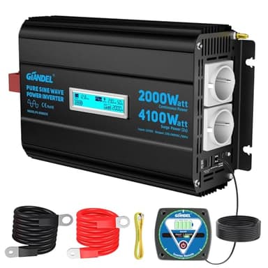 GIANDEL Inverter da 2000 W, 12 V a 230 V, convertitore di tensione sinusoidale puro con spegnimento a bassa tensione regolabile, Power Inverter con telecomando e USB-C PD 36 W, per camper, campeggio