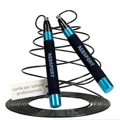 Corda per Saltare Professionale da Crossfit REBSPORT regolabile e autobloccante con Polsini in Regalo e 2 Cavi in Acciaio da 2.5mm ideale per double under (blu)