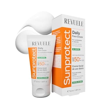 REVUELE SunProtect Crema Faciale Giorno Controllo Grasso, Crema Viso Giornaliera SPF 50+ – Protezione Solare Alta con Effetto Opacizzante, Idratante e Anti-Lucidità, per Pelli Miste e Grasse, 50 ml