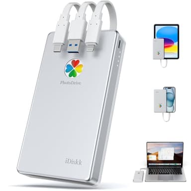 iDiskk 2TB (2000GB) disco rigido esterno iPhone Lightning, cavo integrato 3 in 1 certificato MFi * 3 dischi rigidi USB-C portatili, per iPhone/iPad/Mac/PC e telefoni TYPE-C più recenti
