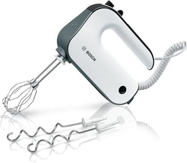 Bosch Sbattitore Elettrico MFQ49300, 850W, 5 Livelli di Velocità, Leggero e Impugnatura Comoda e Sicura, Fruste Incluse, Ganci per Impastare in Acciaio Inox Inclusi, Cavo a Spirale, Bianco, Grigio