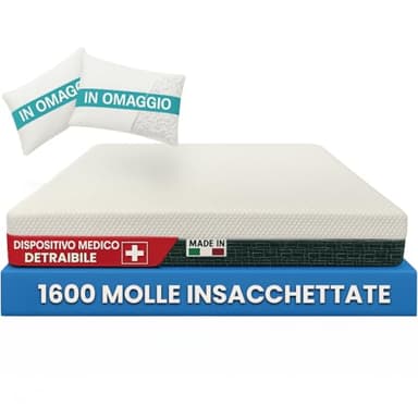 Francegaglia® Materasso matrimoniale 1600 Molle Insacchettate & Memory con Fascia 3D Traspirante + 2 Cuscino in Fiocco di Memory - Altezza 25cm - Dispositivo Medico Detraibile 160x190