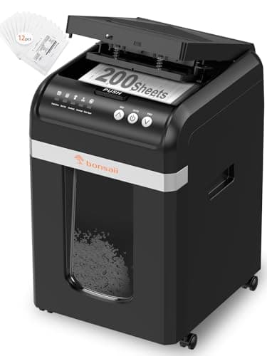 Bonsaii Distruggi documenti con Alimentazione Automatica da 200 Fogli, 60 Minuti di Funzionamento Continuo, Taglio a Frammento P-4, Cestino da 31L, Silenzioso e Ideale per Ufficio, C283-A
