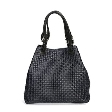 Chicca Borse Borsa a Mano Stampa Intrecciata da Donna con Tracolla in vera pelle made in Italy - 34x29x18 Cm (Blu)