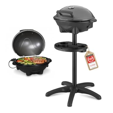 TZS First Austria - Barbecue elettrico 2 in 1 da tavolo & terra 2400W - BBQ con piedistallo per balcone e terrazza con coperchio e ripiano - Grill a sfera con termometro e vassoio raccogligrasso