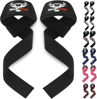 BEAST RAGE - straps palestra Cinghie per sollevamento pesi Imbottite, Supporto per i polsi, Cinghie per Fitness e Palestra, con presa flessibile gel Fasce Polsi Accessori Powerlifting (Nero)