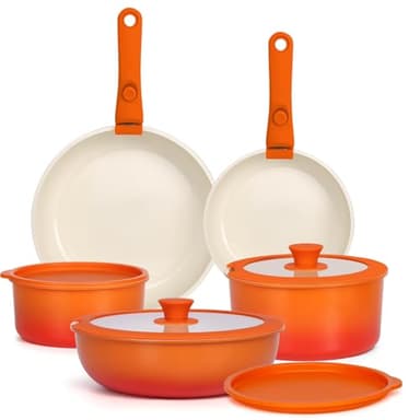 GiPP 11 Pezzi Set Di Padelle Con Rivestimento Ceramico Antiaderente, Set Di Padelle Con Manici Staccabili, Atossiche Compatibili Con Induzione, Forno E Lavastoviglie, Sfumatura Arancione