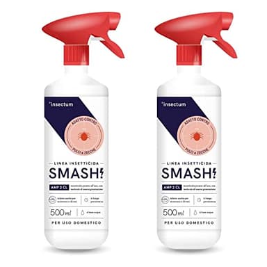 SMASH Spray Antipulci e Antizecche per Ambienti e Tessuti - Adatto per Ambienti con Animali Domestici - 2x500ml - Per uso in Casa ed esterno - Insetticida Senza Permetrina - Istruzioni Incluse
