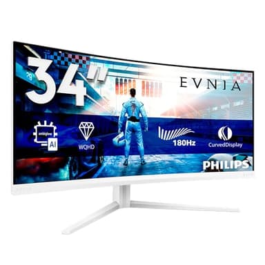 Philips Gaming Monitor 34M2C5501A 34 pollici, Curvo, 3440x1440, UW-QHD, 180Hz, Fast VA Panel, 0.3ms MPRT, USB Hub, Speakers, (HDMI2x 2.0 DP 1x 1.4) Adaptive Sync, HDR400, FreeSync Premium, Bianco