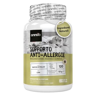 Integratore Cane per Allergie Cutanee, Ambientali, Alimentari e Dermatite Cane, 120 Compresse Gusto Pollo con Semi d'Uva, Semi Zucca, Buccia Psillio, Farina Riso Integrale, Curcuma per tutte le Razze
