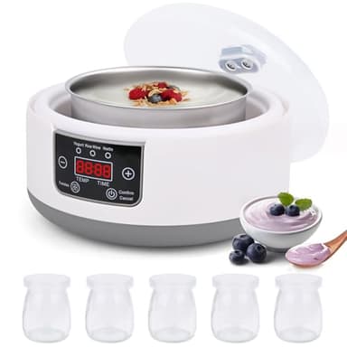 Euakee Yogurtiera, Yogurtiera Elettrica, 5 Vasetti in Vetro 100 ml, per Fino a 1,2L di Yogurt Fatto in Casa, Termostato Regolabile e Display Digitale, per Preparazione Domestica di Yogurt e Natto