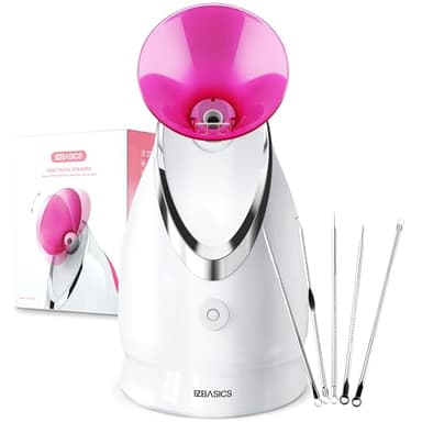 Vaporizzatore Viso Vaporizzatore Facciale Nano-Ionico Sauna Facciale Domestica, Libera Pori, Atomizzatore a Nebbiolina Tiepida, Umidificatore Spa Facciale 1 Pack + 5 Stainless Steel Skin Kit Rosa