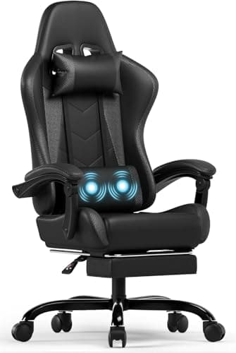 Devoko Sedia da Gaming Massaggiante con Poggiapiedi Telescopico, Sedia Gamer con Cuscino Lombare & Poggiatesta, Ergonomico Sedie da Ufficio Schienale Regolabile 90-135°, Portata 150 kg (Nero)