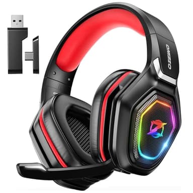 Ozeino Cuffie Gaming Wireless per PC/Ps5/Ps4, 2,4GHz Wireless+5.3 Bluetooth, Cuffie con Microfono 7.1 Qualità Audio Senza Perdita di Bassa Latenza, Durata di Oltre 30+ Ore, nero e rosso