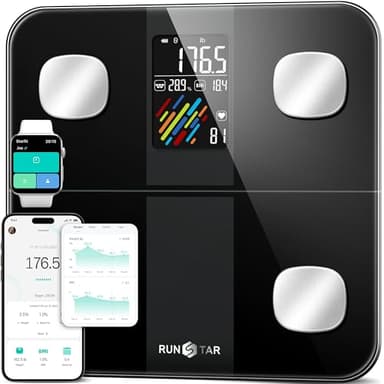 Bilancia Pesapersone Digitale Runstar, Bilancia Smart Peso Corporeo/Percentuale Grasso, Ampio Display BMI, FC, Analizza 15 Dati Composizione Corporea, Analyzer Sync Fitness App, 400lb