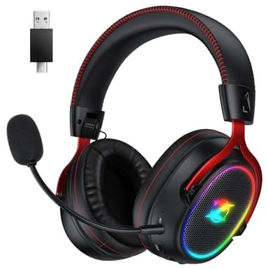 Ozeino Cuffie Gaming Wireless per Ps4/Ps5/PC, Cuffie Wireless con Microfono 2.4GHz + 5.3 Bluetooth Bassa Latenza, Cuffie con 7.1 Stereo Surround Sound, Durata di Oltre 40+ Ore, Nero e Rosso