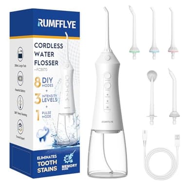 RUMFFLYE Idropulsore Dentale Portatile Irrigatore Orale Professionale Water Flosser Idropulsore Denti con 12 Modalità Serbatoio Visibile 300ML Ricaricabile Impermeabile IPX7 per Casa e Viaggi Bianco