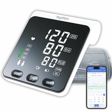Misuratore Pressione da Braccio, Clinicamente Validato, Facile da usare, con App per Salvataggio Dati e monitoraggio Pressione Arteriosa e Frequenza Cardiaca BYDOC