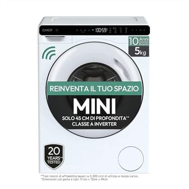 Candy ProWash 700 Mini Lavatrice Mini 5 Kg Salvaspazio, Compatta Slim 51 x 48,8 x 70 cm (LxPxA), Motore Inverter, Classe A, Programma Rapido 15 Min, Connettività WiFi App, CW50-BP12307WU1-S