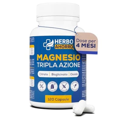 Magnesio Complex - Citrato, Bisglicinato e Ossido di Magnesio Triplo - Alto Assorbimento - Riduce Stanchezza e Stanchezza, Allevia Dolore Articolazioni e Muscoli - 120 capsule