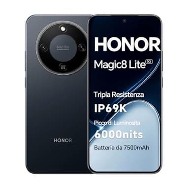 HONOR Magic8 Lite Smartphone 5G, display AMOLED da 6,79 pollici, tripla resistenza IP68/IP69K, batteria da 7500 mAh, fotocamera da 108 MP con OIS, doppia SIM, NFC (Black, 256, GB, GB, 8)