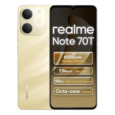 realme Note 70T 4G Smartphone 4+64GB, 6.75 pollici Schermo, Nero Oro Spiaggia, 90Hz Display, 6000mAh Batteria, 32MP Fotocamera, Potente Processore Octa-core, Protezione ArmorShell, IP54