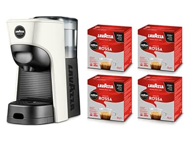 Lavazza, A Modo Mio Macchina per Caffè Tiny Eco Bianca con 64 Capsule Qualità Rossa Incluse, Macchina per Espresso in Plastica Riciclata, 1450 W, 220-240 V, 50/60 Hz, 0.6 Litri