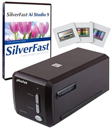 Plustek OpticFilm 8300i Ai - Scanner digitale per film e diapositive, conversione negativa da 35 mm, con SilverFast Ai Studio 9 e target di calibrazione avanzata IT8 (3 dia)