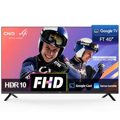 CHiQ L40FT Smart TV 40" (100 cm), Full HD, HDR10, Google TV OS, Dolby Audio & dbx-tv, Tuner Triplo DVB-C/T/T2/S/S2, Chromecast Incorporato, Design Metallico Senza Cornice HEVC Main 10