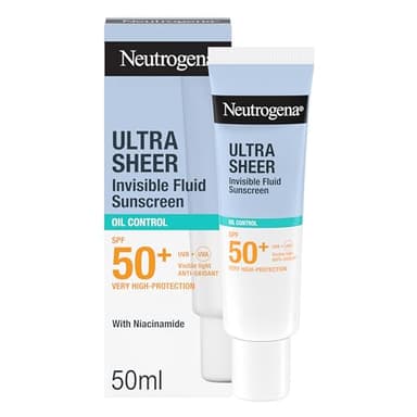 Neutrogena Ultra Sheer Fluido Invisibile Protezione Solare con Controllo del Sebo SPF50 50 ml, Crema solare viso pelle grassa, Crema viso SPF 50 ultra-leggera, Senza profumo, Non comedogenica