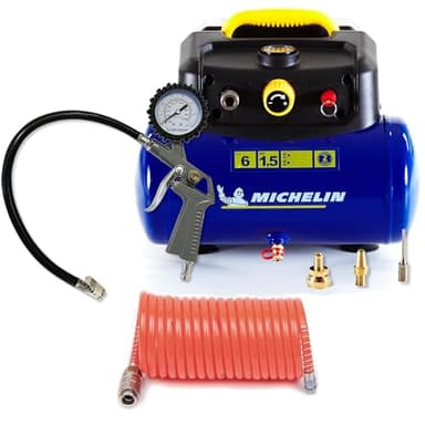 Michelin Compressore d'Aria Portatile MBL6, Compressore Aria Oil-Free da 6 Litri, Manometro Integrato + Kit (Include pistola di gonfiaggio, tubo a spirale, 3 ugelli)
