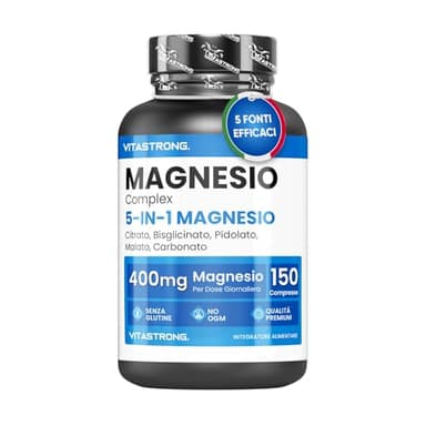 MAGNESIO COMPLETO 400mg - 5 in 1 - Magnesio Bisglicinato + Citrato + Pidolato + Malato e Carbonato – Integratore Antistress