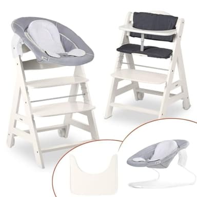 hauck Seggiolone Beta+ Newborn Set - Seggiolone Evolutivo in Legno, con Sdraietta Neonati 2in1 (Dondolo Neonati), Cuscino Seduta, Vassoio - Bianco