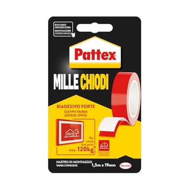 Pattex Millechiodi Tape, Nastro biadesivo extra forte per applicazioni permanenti, Nastro adesivo di montaggio per interni ed esterni, 19 mm x 1,5 m