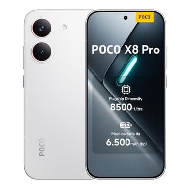 POCO X8 Pro, Smartphone 12+512GB, Dimensity 8500-Ultra, Batteria 6500mAh (typ), Display AMOLED ultra luminoso, Fotocamera 50MP con OIS, Bianco, Garanzia 2 anni+1 anno extra, Caricatore non incluso