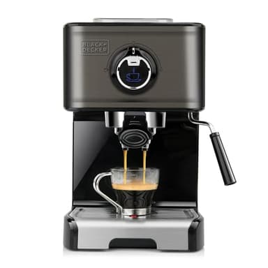 BLACK+DECKER BXCO1200E - Macchina per espresso, 15 bar, 1200W, riscaldamento rapido thermoblock, cappuccinatore, caffè macinato o in cialda, acciaio inossidabile, nero