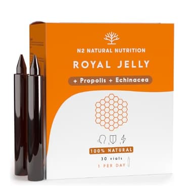 Pappa Reale. Propoli + Echinacea + Vitamina C (80 mg) Aumenta la Vitalità, Rafforza le Difese, Riduce i Sintomi di Disagio e Fatica. 30 Flaconcini Sapore d'Arancia. 100% Naturale. N2 Natural Nutrition